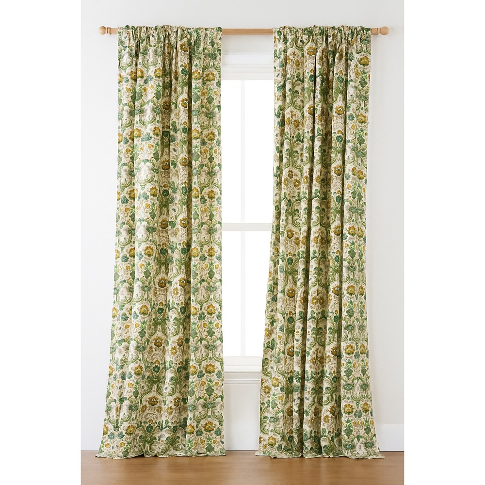 Vtg 60s Floral Damask Pinch Pleat Curtains Set of 2 Green Gold Baroque Drapes